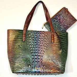 NWT Brahmin Croc Embossed Leather Brown Green Pouch And Tote Bag